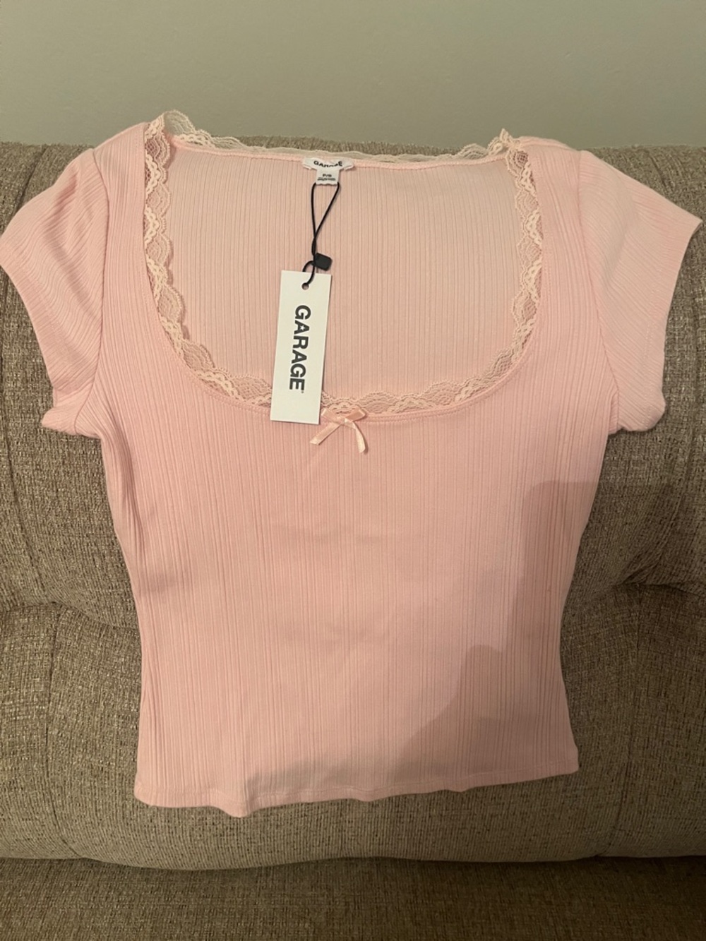 Garage Pink Ribbed Lace-Trim Square Neck Tee